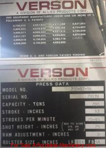 200 Ton Capacity Verson Straight Side Press For Sale